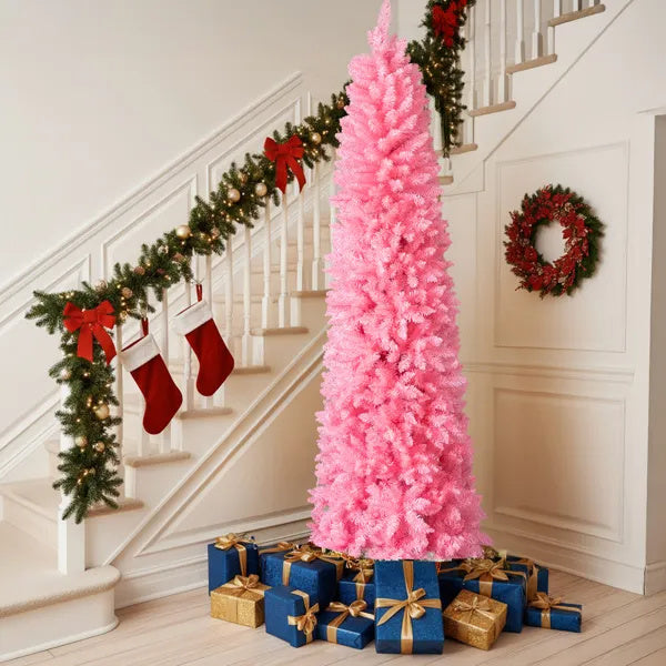 7.5 FT Hinged Christmas Tree, Artificial Pencil Christmas Tree, Unlit Artificial Christmas Pine Tree With 1075 Branch Tips And Sturdy Stand, Pink