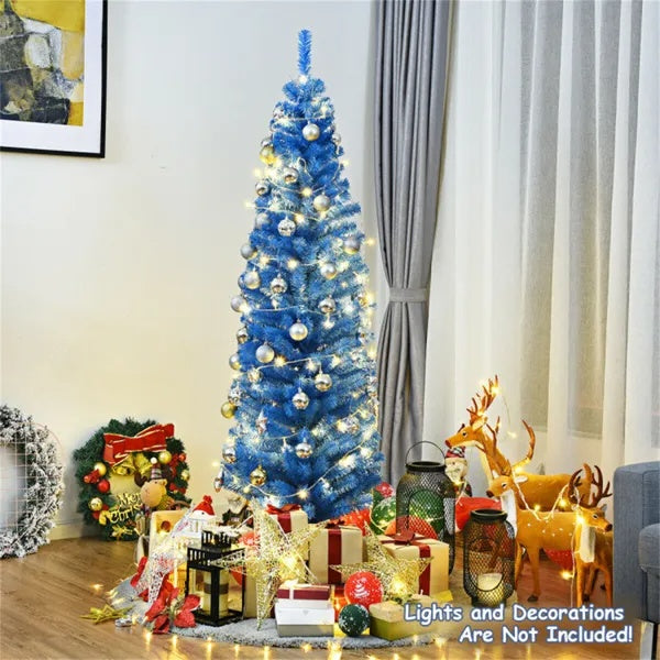 6FT Artificial Christmas Tree - 520 Branch Tips, Blue Pencil Shape Design