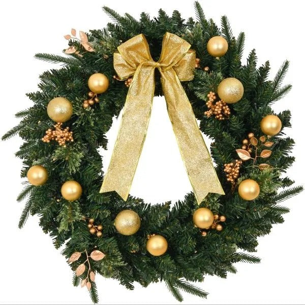 24in Pre-lit Battery Powered Christmas Wreath With Remote, Lighted Artificial Xmas Wreath With 50 Warm Lights And 120 PVC Tips And Ornaments, For Front Door Gate Wall Xmas Party Decorations S001