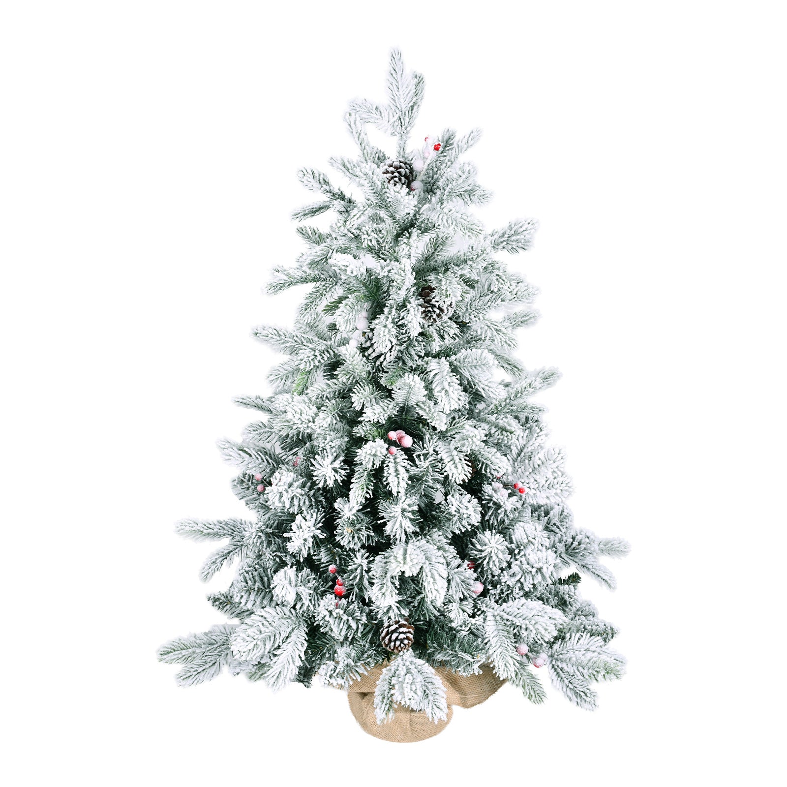 3ft Tabletop Christmas Tree, Snow Flocked Artificial Mini Christmas Tree With 14 Pine Cones & Red Berries, Green