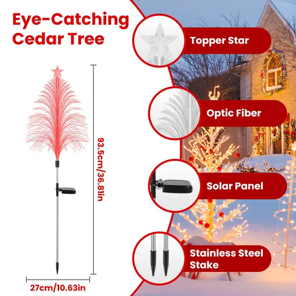 7-Color Solar Christmas Tree Stake Lights 4 Pack, Lifelike Fiber Optic Cedar Design With Star, IP44 Waterproof Outdoor Decor For Yard Lawn Patio For Holiday Yard Walkway Garden Path Decor
