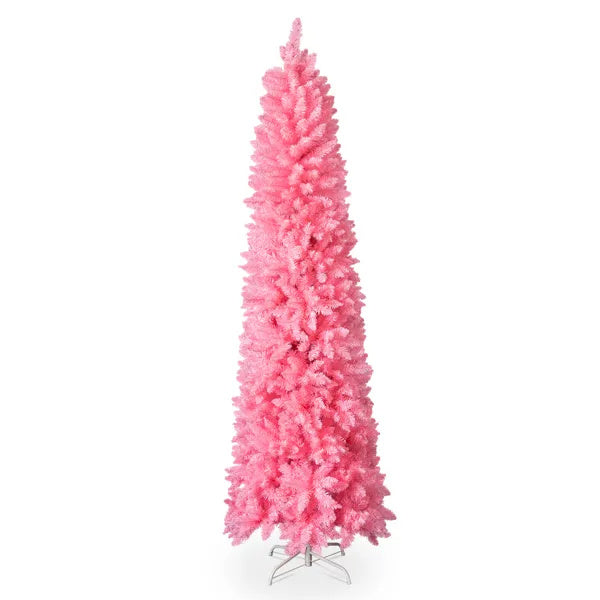 7.5 FT Hinged Christmas Tree, Artificial Pencil Christmas Tree, Unlit Artificial Christmas Pine Tree With 1075 Branch Tips And Sturdy Stand, Pink