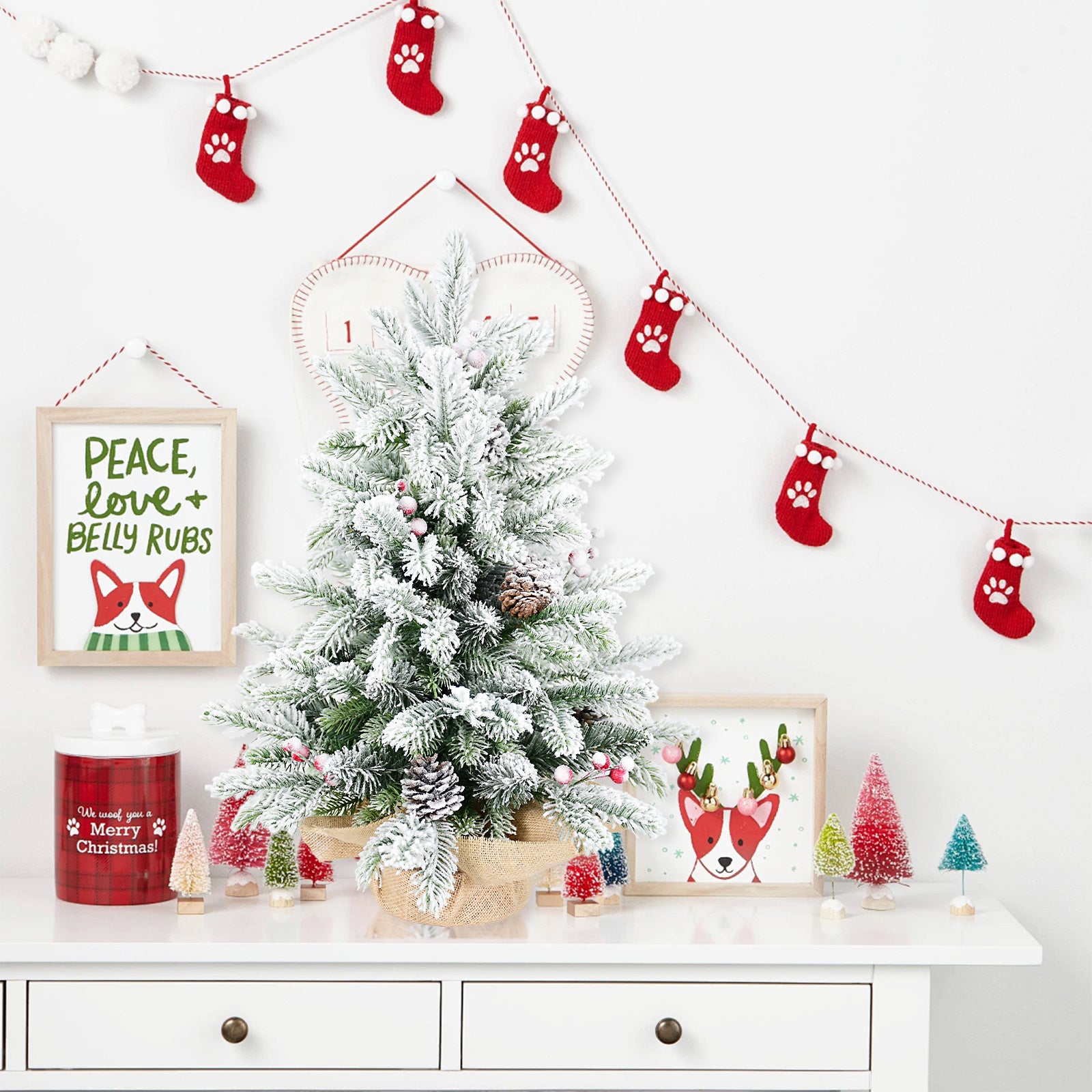 3ft Tabletop Christmas Tree, Snow Flocked Artificial Mini Christmas Tree With 14 Pine Cones & Red Berries, Green