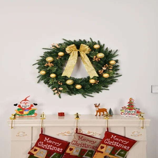 24in Pre-lit Battery Powered Christmas Wreath With Remote, Lighted Artificial Xmas Wreath With 50 Warm Lights And 120 PVC Tips And Ornaments, For Front Door Gate Wall Xmas Party Decorations S001
