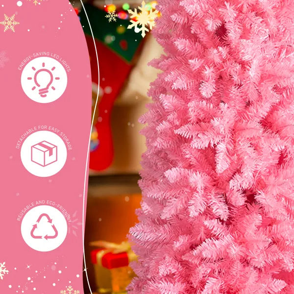 7.5 FT Hinged Christmas Tree, Artificial Pencil Christmas Tree, Unlit Artificial Christmas Pine Tree With 1075 Branch Tips And Sturdy Stand, Pink
