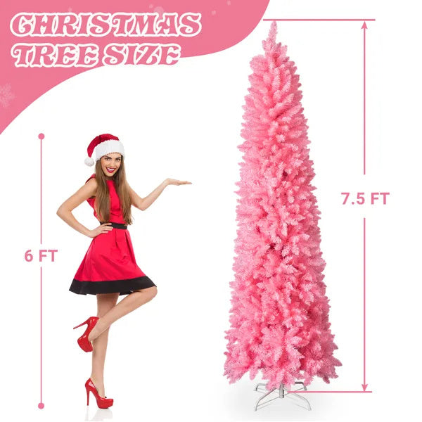 7.5 FT Hinged Christmas Tree, Artificial Pencil Christmas Tree, Unlit Artificial Christmas Pine Tree With 1075 Branch Tips And Sturdy Stand, Pink