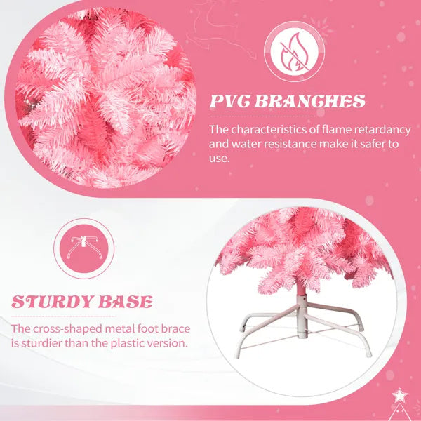 7.5 FT Hinged Christmas Tree, Artificial Pencil Christmas Tree, Unlit Artificial Christmas Pine Tree With 1075 Branch Tips And Sturdy Stand, Pink