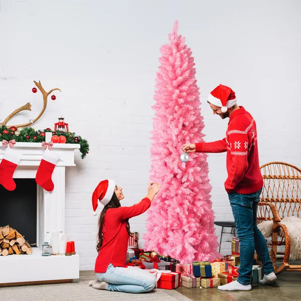 7.5 FT Hinged Christmas Tree, Artificial Pencil Christmas Tree, Unlit Artificial Christmas Pine Tree With 1075 Branch Tips And Sturdy Stand, Pink