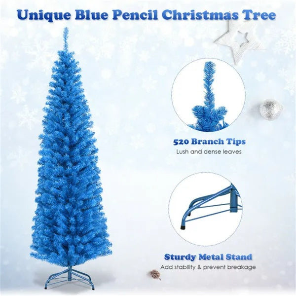 6FT Artificial Christmas Tree - 520 Branch Tips, Blue Pencil Shape Design