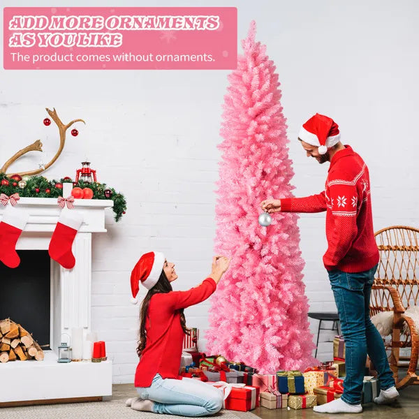 7.5 FT Hinged Christmas Tree, Artificial Pencil Christmas Tree, Unlit Artificial Christmas Pine Tree With 1075 Branch Tips And Sturdy Stand, Pink