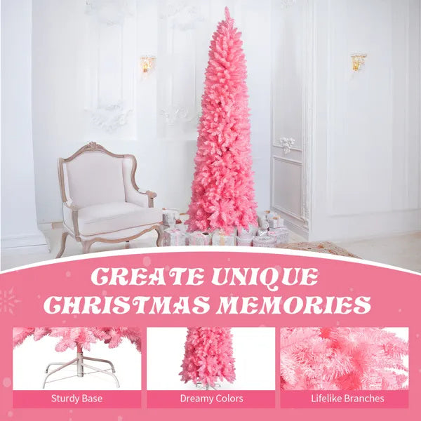 7.5 FT Hinged Christmas Tree, Artificial Pencil Christmas Tree, Unlit Artificial Christmas Pine Tree With 1075 Branch Tips And Sturdy Stand, Pink